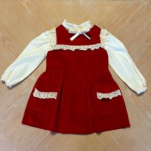 2T Toddler Girls Red Velvet Dress with Ecru Blouse Vintage